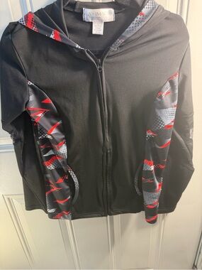 LA + Image - Black Zip-Front Hoodie Jacket with Red Accent Panels
